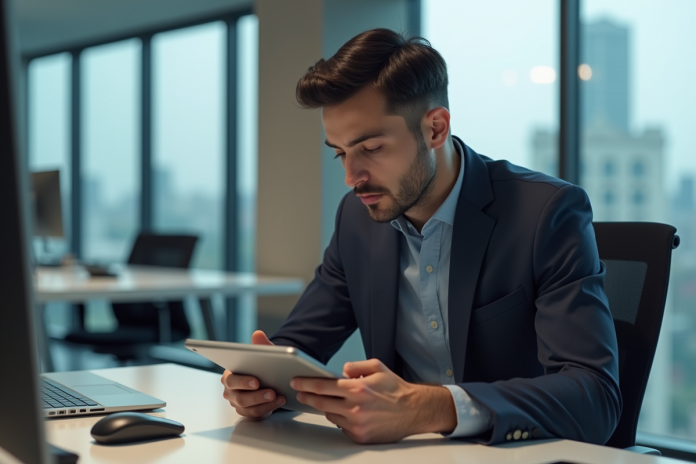 Jeune homme professionnel utilisant une tablette dans un bureau moderne