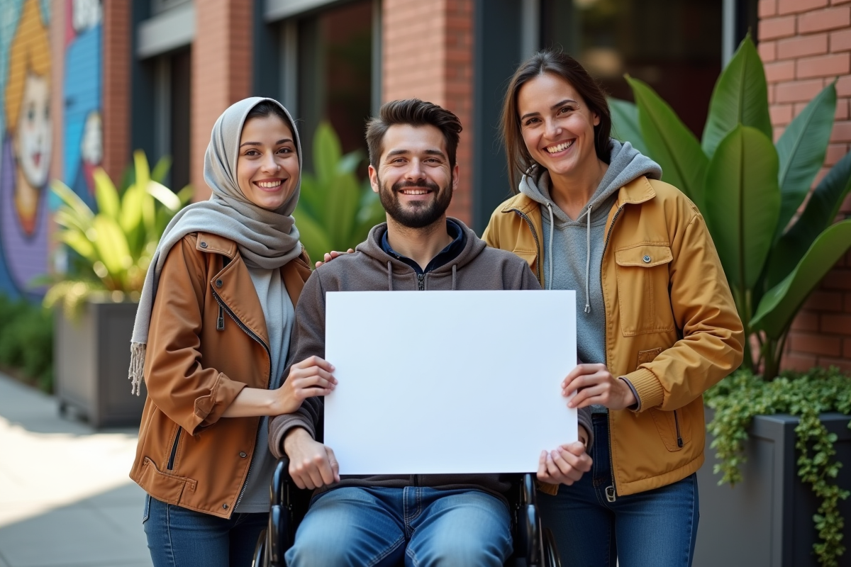 Trois jeunes avec affiche pour inclusion en extérieur