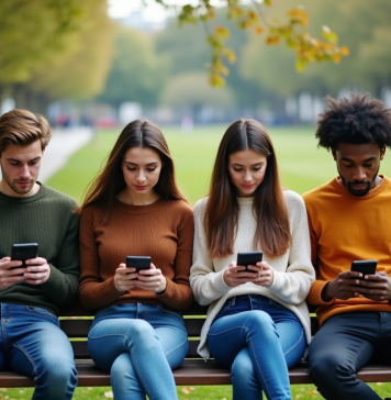 Réseaux sociaux : impacts sur le lien social et sociétal Groupe de jeunes adultes sur un banc dans un parc urbain