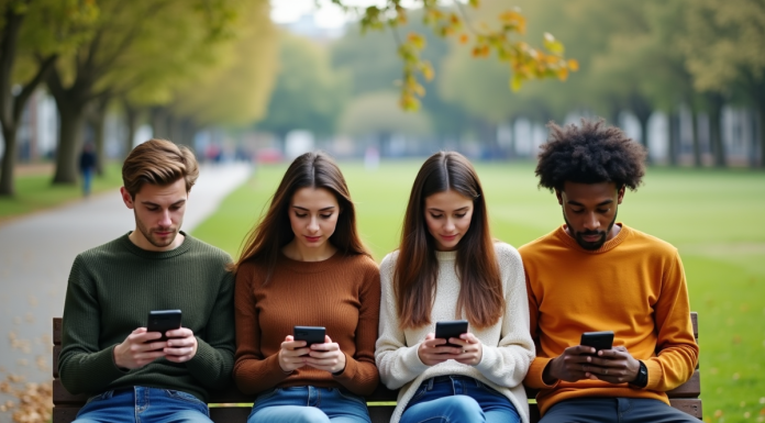 Groupe de jeunes adultes sur un banc dans un parc urbain