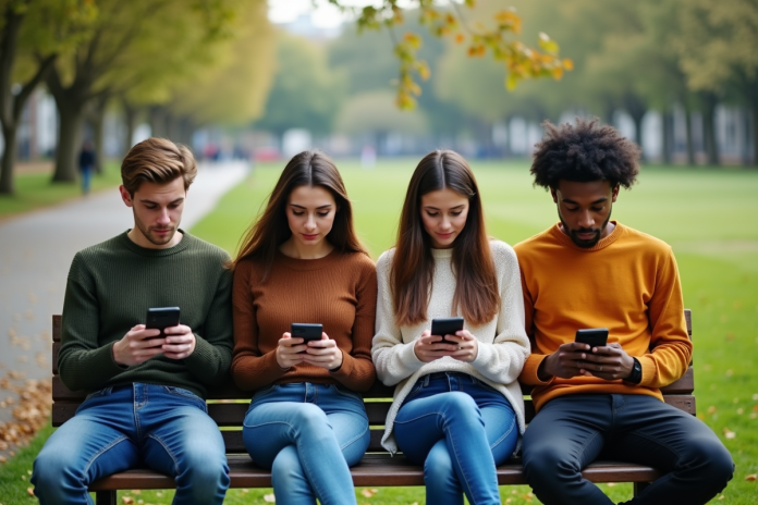 Groupe de jeunes adultes sur un banc dans un parc urbain