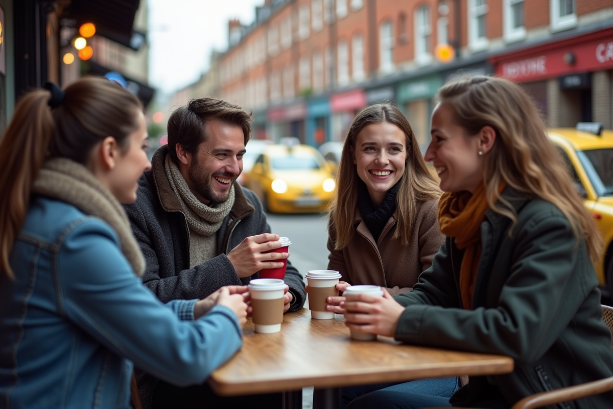 Groupe de jeunes français discutant dans un café à Londres