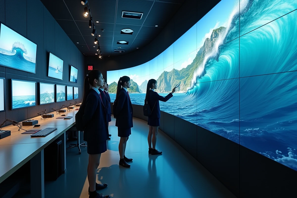 Étudiants japonais analysant une carte de tsunami en centre hightech