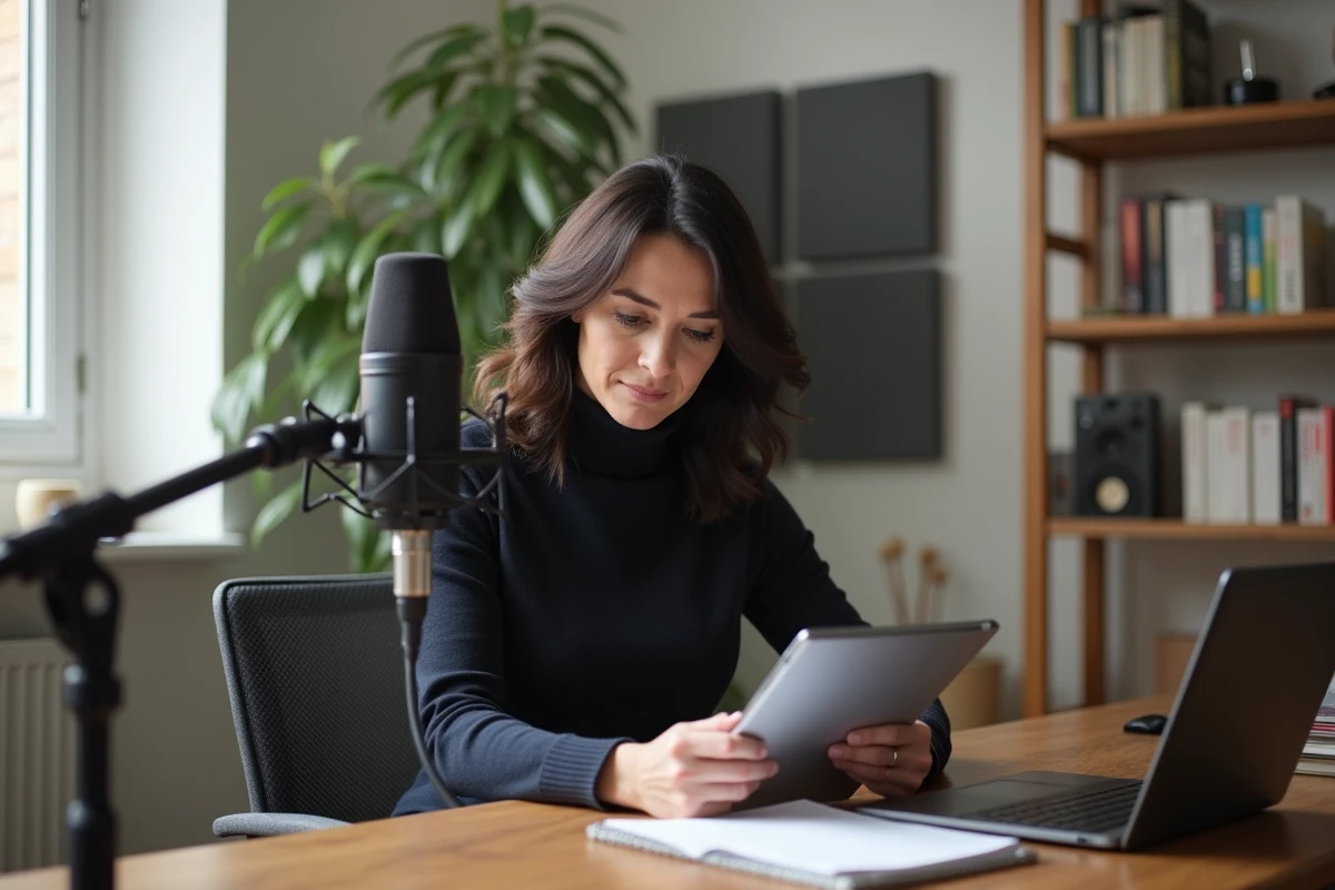 Femme journaliste enregistrant un podcast depuis un studio maison avec microphone professionnel et environnement minimaliste