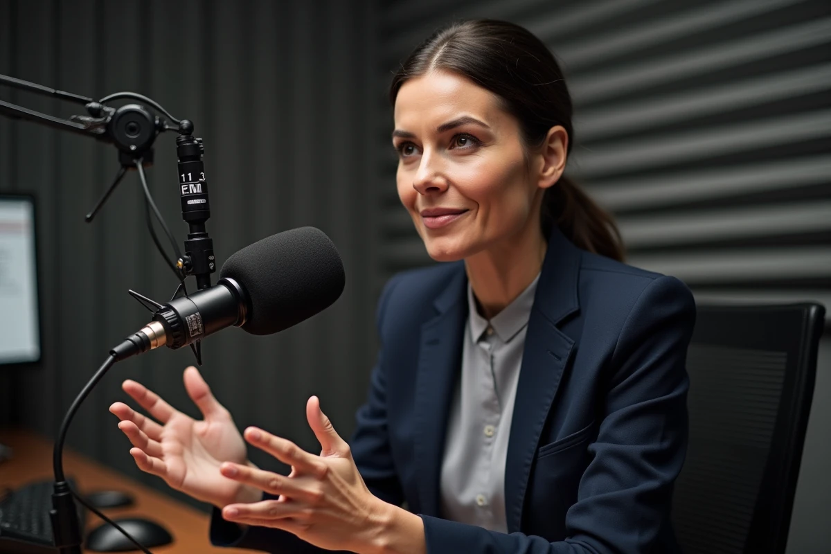 Journaliste femme enregistrant une émission de radio dans un studio professionnel avec microphone et panneaux acoustiques