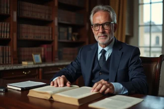 Homme d'âge moyen en costume bleu lisant le Code Civil à son bureau