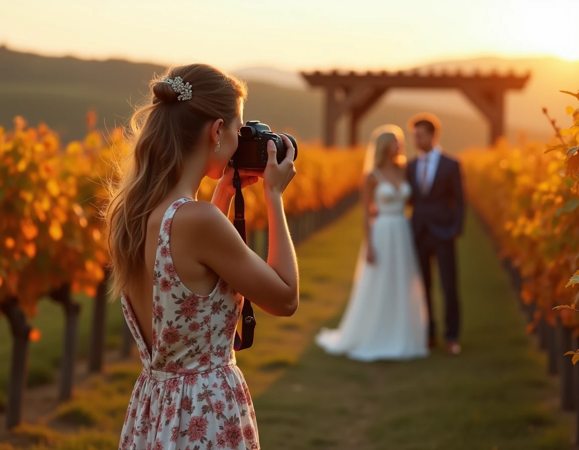 Photographe de Juste un Clic en pleine séance mariage dans un vignoble du Grand Est, capturant les mariés