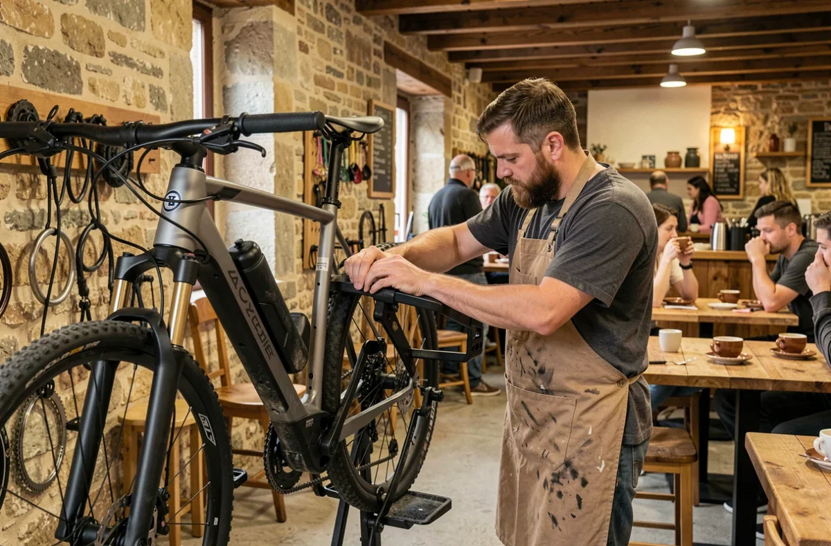 L'Atelier-café La Cyclerie à Poitiers avec un mécanicien réparant un vélo électrique dans un espace café convivial