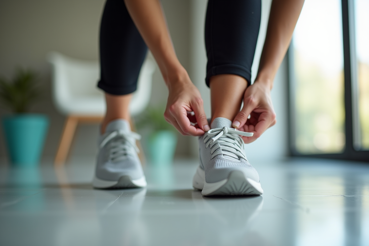Femme nouant ses chaussures de sport stylées sur un sol de studio lumineux