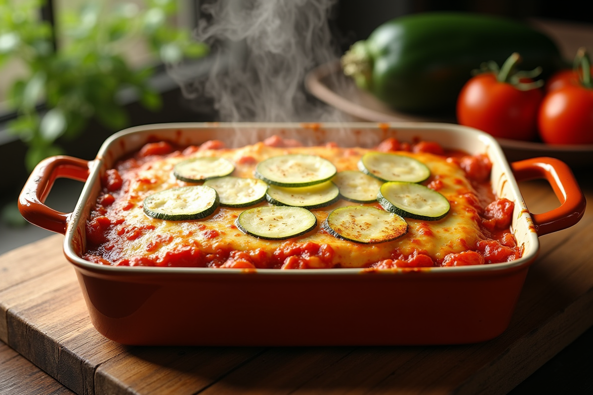 Lasagne de courgette entière sortie du four sur une table en bois