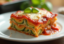 Tranche de lasagne de courgette fraîche en gros plan