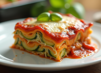 Tranche de lasagne de courgette fraîche en gros plan