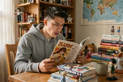 Jeune homme lisant un manga One Piece à son bureau entouré de figurines et de volumes empilés