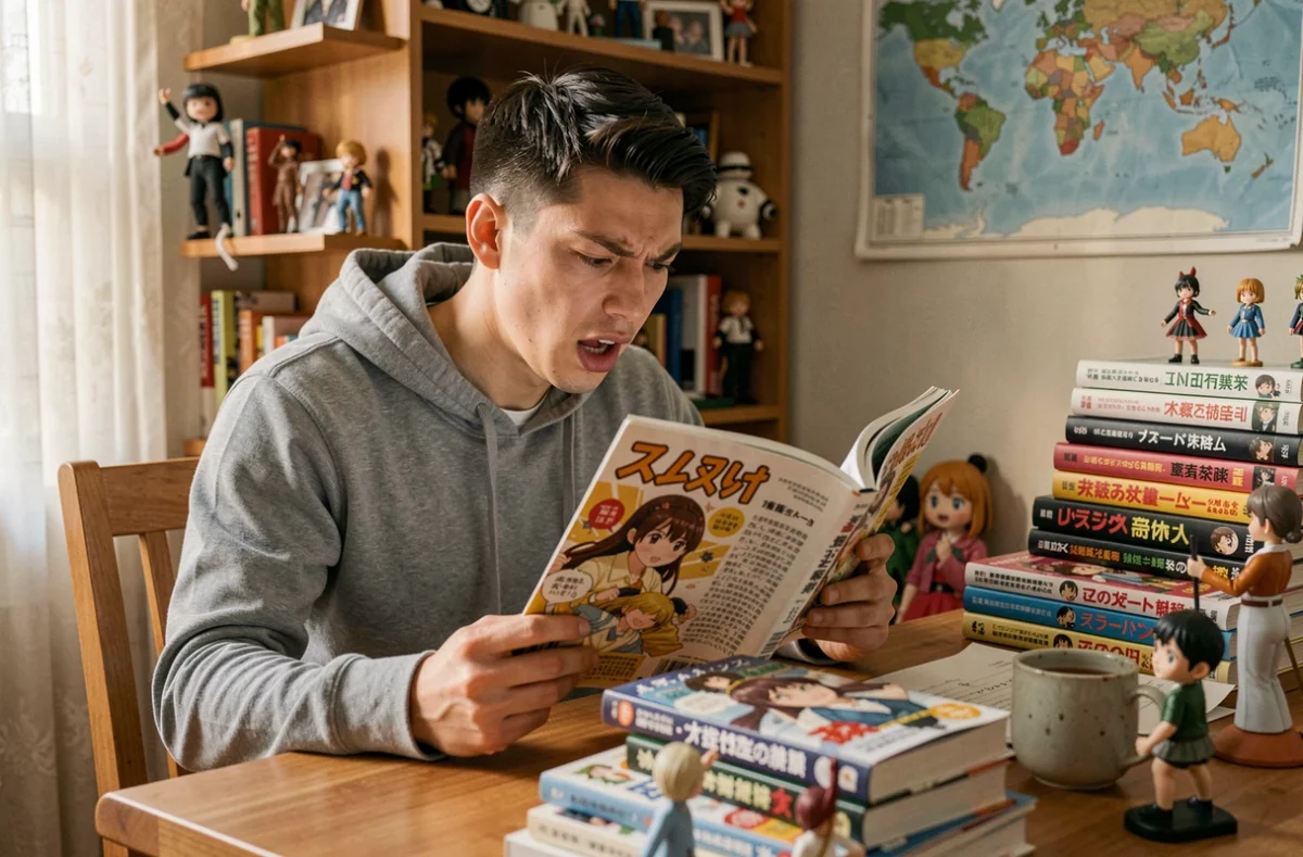 Jeune homme lisant un manga One Piece à son bureau entouré de figurines et de volumes empilés