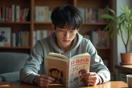 Jeune homme lisant un manhwa coréen à son bureau dans un appartement cosy entouré de collections de bandes dessinées