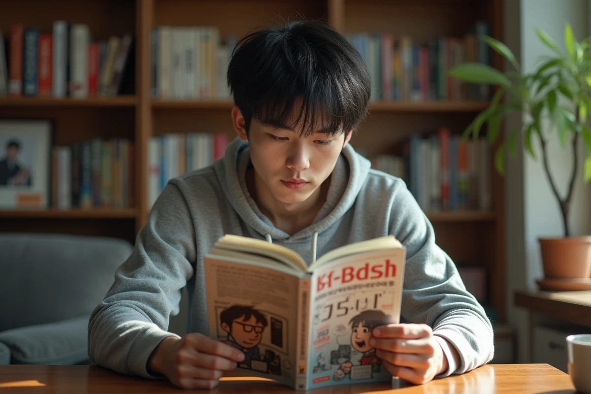 Jeune homme lisant un manhwa coréen à son bureau dans un appartement cosy entouré de collections de bandes dessinées