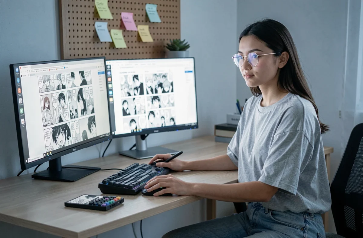 Femme lisant des scans de manga en ligne sur un ordinateur à son bureau