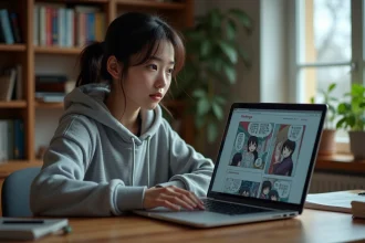 Jeune femme lisant des scans manga en ligne sur un ordinateur portable, illustrant la lecture de yaoi en ligne sans inscription