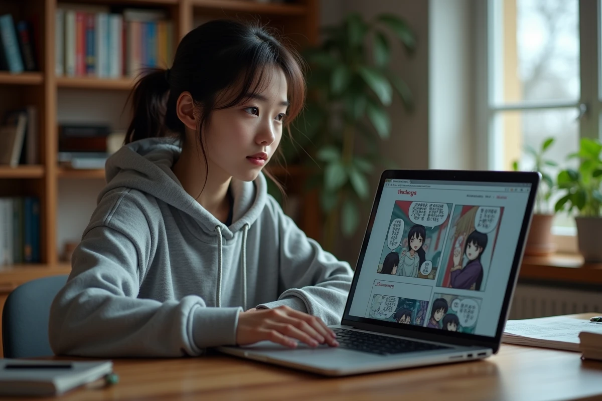 Jeune femme lisant des scans manga en ligne sur un ordinateur portable, illustrant la lecture de yaoi en ligne sans inscription