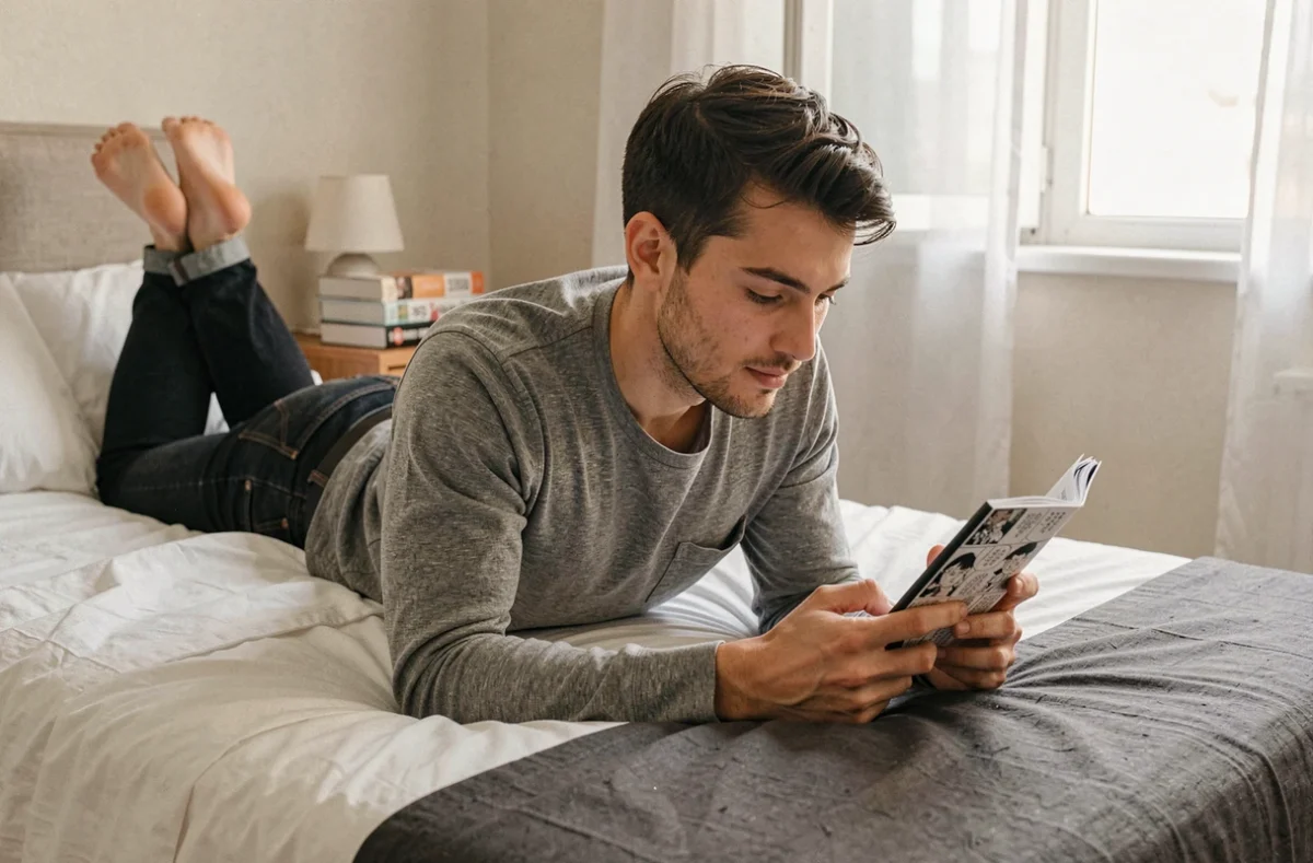 Jeune homme allongé sur son lit lisant un scan One Piece sur son smartphone