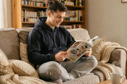 Jeune homme lisant des scans One Piece sur une tablette depuis son canapé