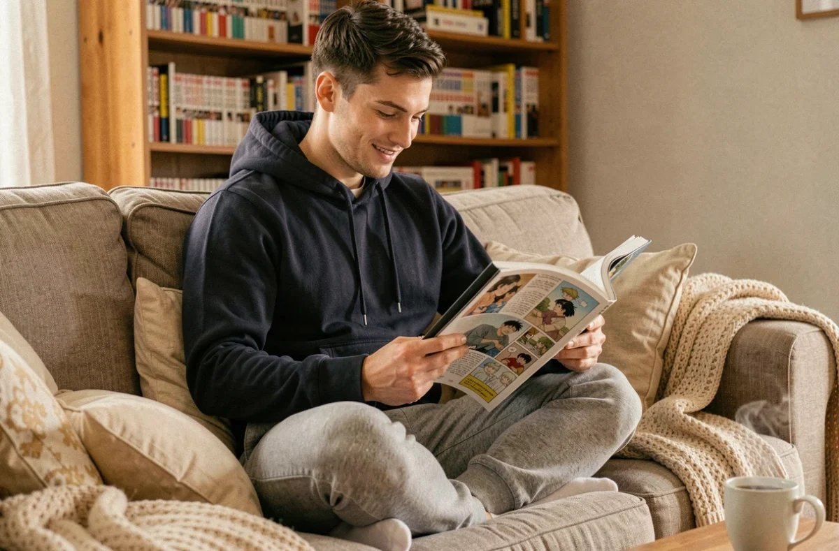 Jeune homme lisant des scans One Piece sur une tablette depuis son canapé