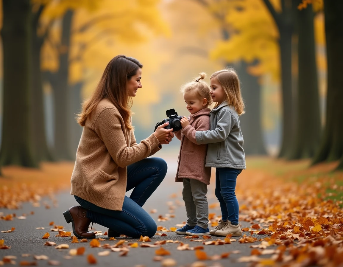 Photographe LS Photographie guidant une famille lors d'une séance portrait en extérieur dans un parc automnal