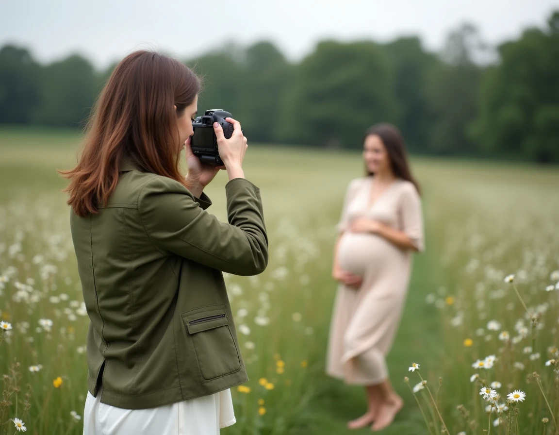 Maelis Photograff photographiant une femme enceinte en robe crème dans un champ de fleurs sauvages du Grand Est