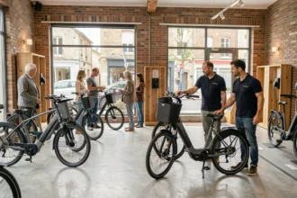 Vue panoramique d'un magasin de vélos électriques en Nouvelle-Aquitaine avec plusieurs modèles exposés et des clients en train de les découvrir