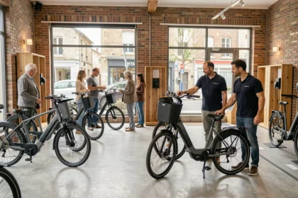 Vue panoramique d'un magasin de vélos électriques en Nouvelle-Aquitaine avec plusieurs modèles exposés et des clients en train de les découvrir