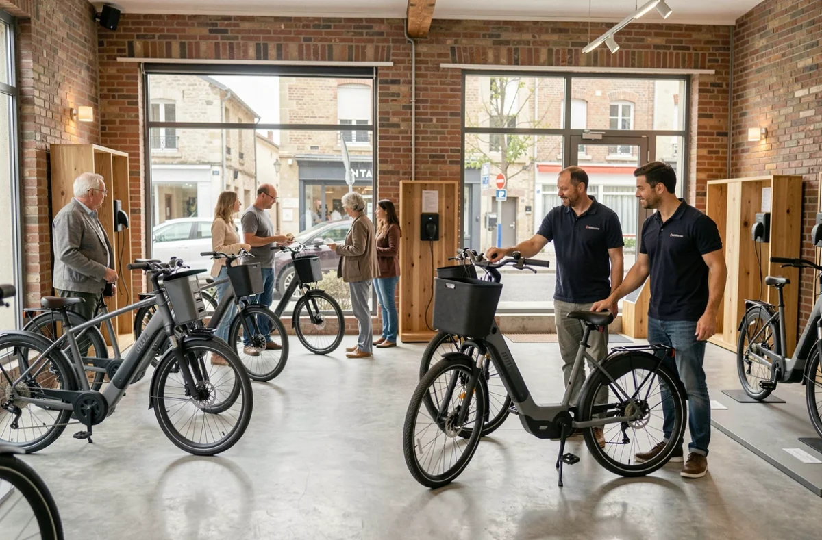 Vue panoramique d'un magasin de vélos électriques en Nouvelle-Aquitaine avec plusieurs modèles exposés et des clients en train de les découvrir
