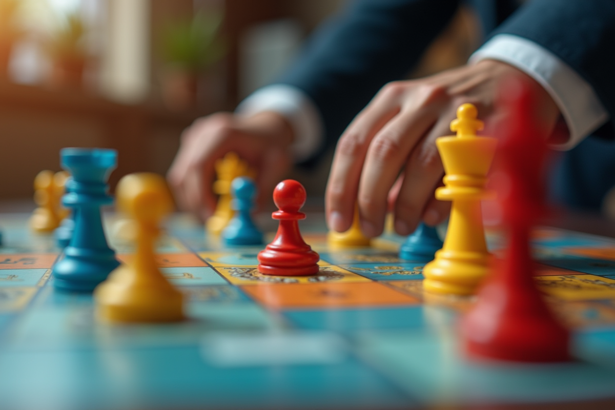 Mains déplaçant des pièces colorées sur un plateau de jeu stratégique