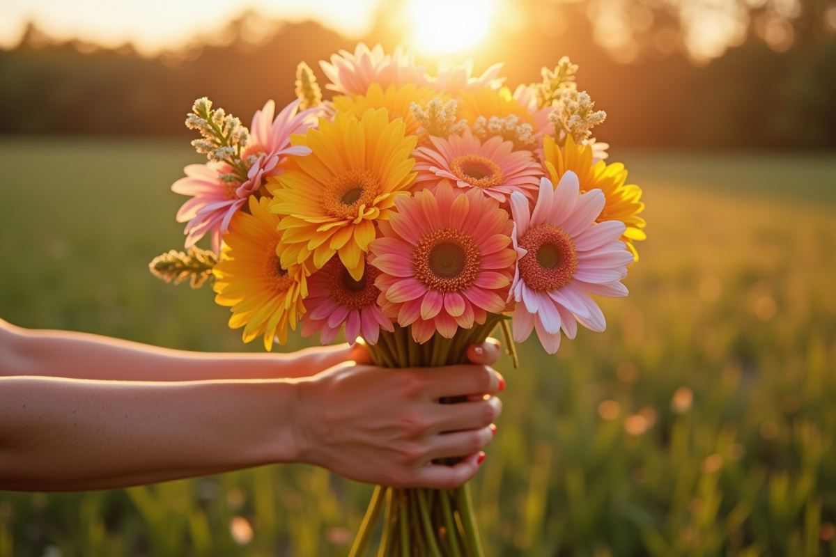 Mains tenant un bouquet en forme de T en plein air au coucher du soleil