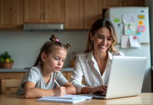 Métier concilier travail vie de famille : choix & équilibre Femme et fille dessinant à la maison dans la cuisine
