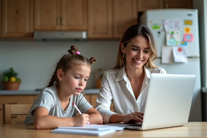 Femme et fille dessinant à la maison dans la cuisine