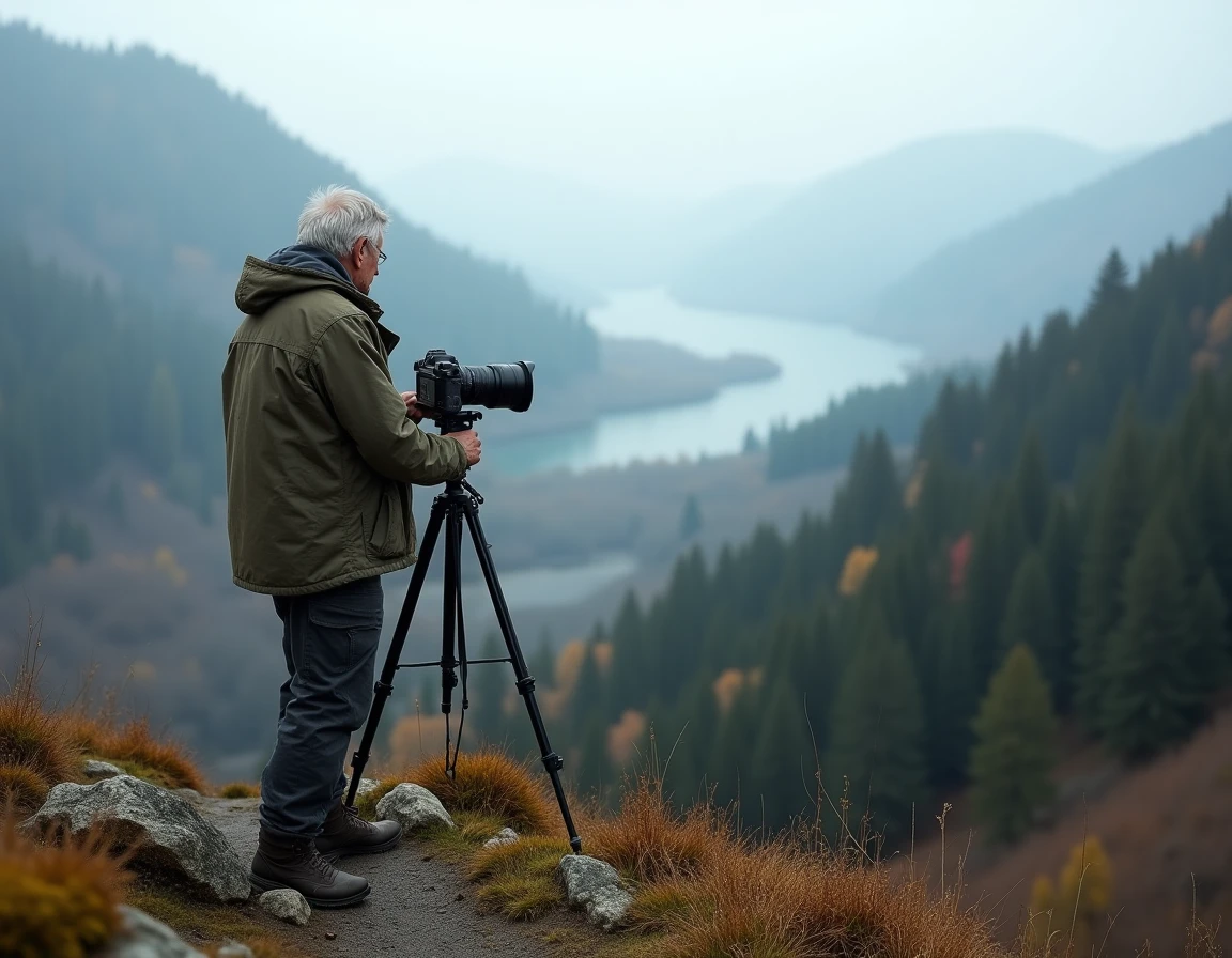 Marc Chazelle photographe auteur réglant son appareil sur trépied face au panorama des Vosges dans le Grand Est