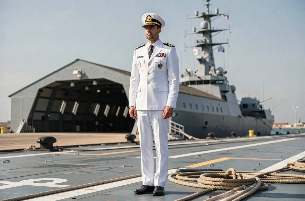 Marin de la Marine nationale en tenue blanche sur le pont d'un navire de guerre à Toulon