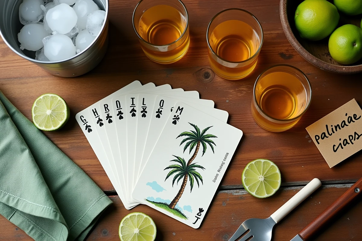 Vue aérienne du matériel nécessaire pour organiser une soirée jeu Palmier : cartes, verres à shot, citrons verts et règles du jeu
