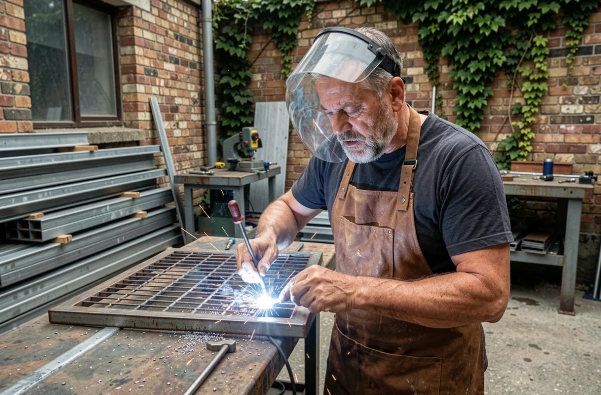 Artisan MB Serrurerie inspectant une grille de sécurité en acier soudée dans son atelier