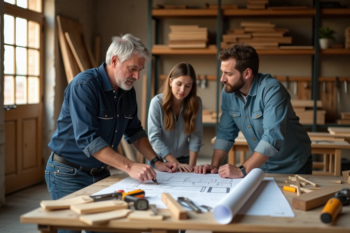 Menuisier discutant plans avec un couple dans un atelier lumineux
