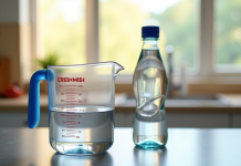 Plan de un plan de travail de cuisine avec un verre doseur rempli à 500 ml et une bouteille d'eau de 50 cl