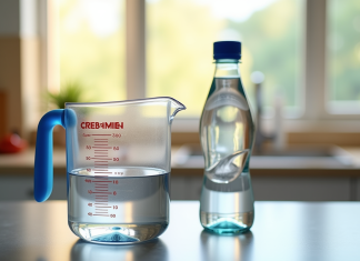 La correspondance entre 50 cl et ml : une conversion nécessaire Plan de un plan de travail de cuisine avec un verre doseur rempli à 500 ml et une bouteille d'eau de 50 cl