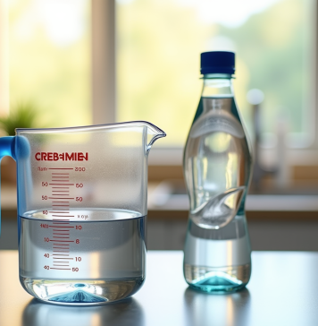 Plan de un plan de travail de cuisine avec un verre doseur rempli à 500 ml et une bouteille d'eau de 50 cl
