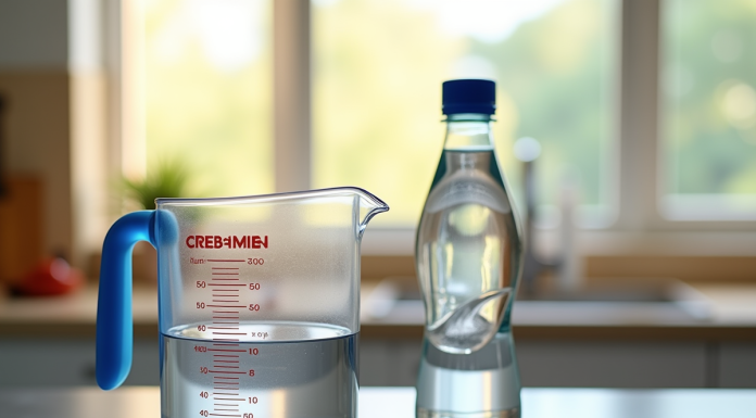 Plan de un plan de travail de cuisine avec un verre doseur rempli à 500 ml et une bouteille d'eau de 50 cl