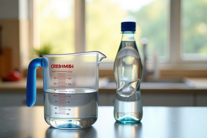 mesure-eau-cuisine Plan de un plan de travail de cuisine avec un verre doseur rempli à 500 ml et une bouteille d'eau de 50 cl