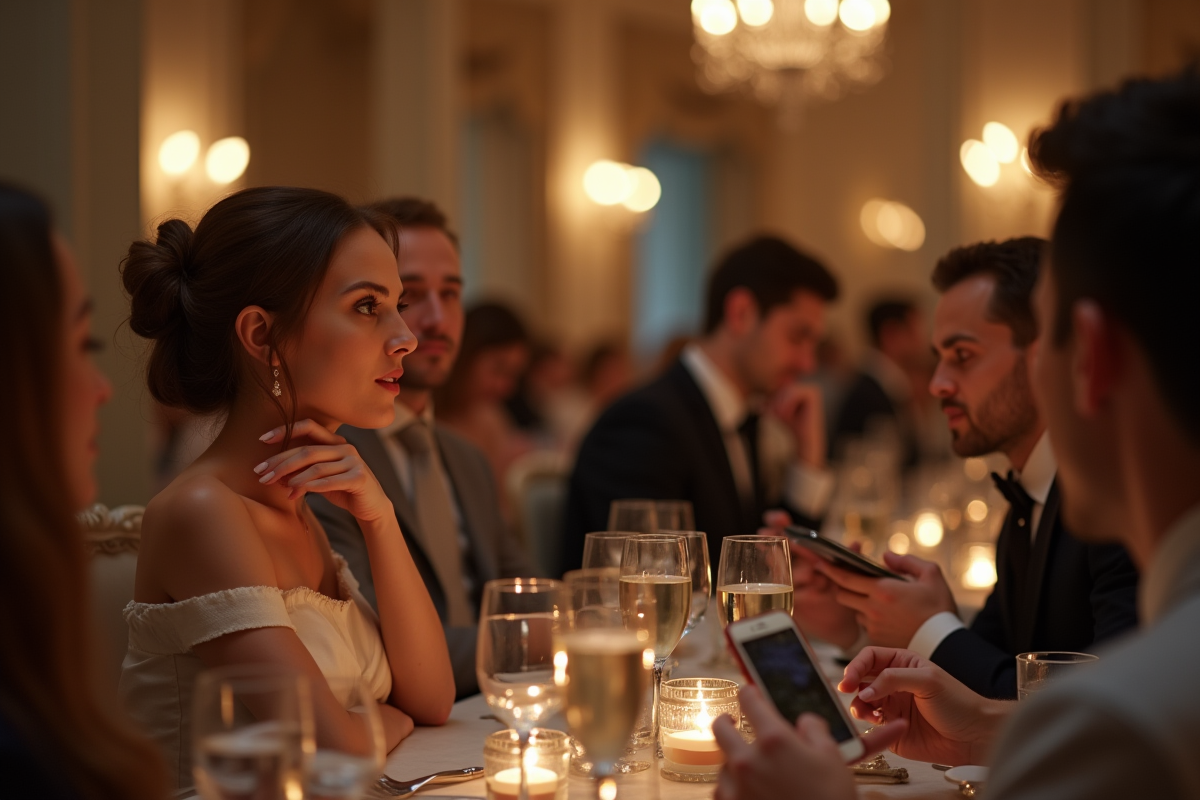 Couple surpris avec invités regardant leurs téléphones en intérieur