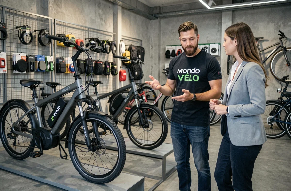 Boutique Mondo Vélo à Limoges avec un conseiller présentant un vélo électrique pliant à une cliente