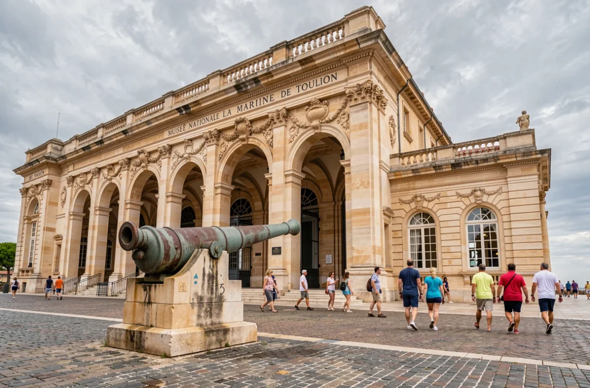Façade du Musée national de la Marine de Toulon avec canon historique et visiteurs sur l'esplanade