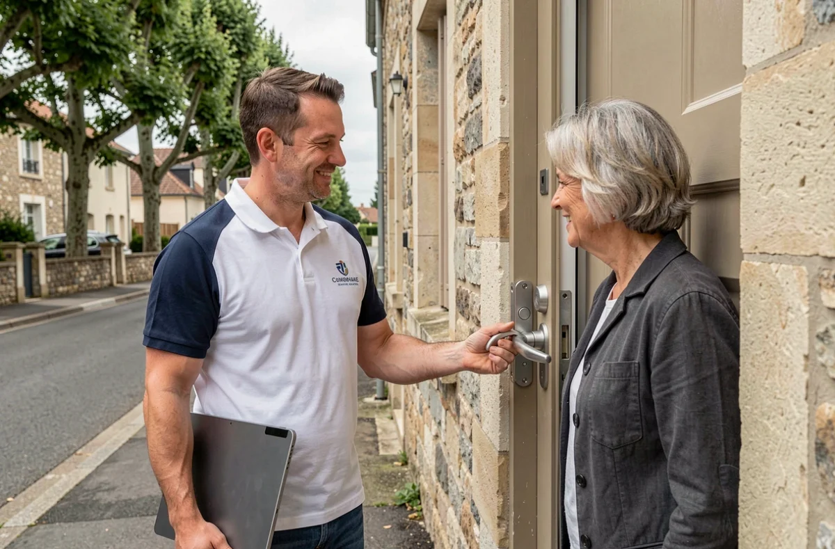Serrurier Nantes Ouest Serrurerie présentant une nouvelle serrure installée à un client satisfait