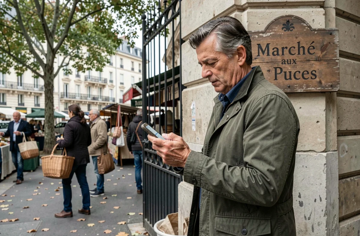 Homme consultant une application de navigation à l'entrée d'un marché aux puces parisien